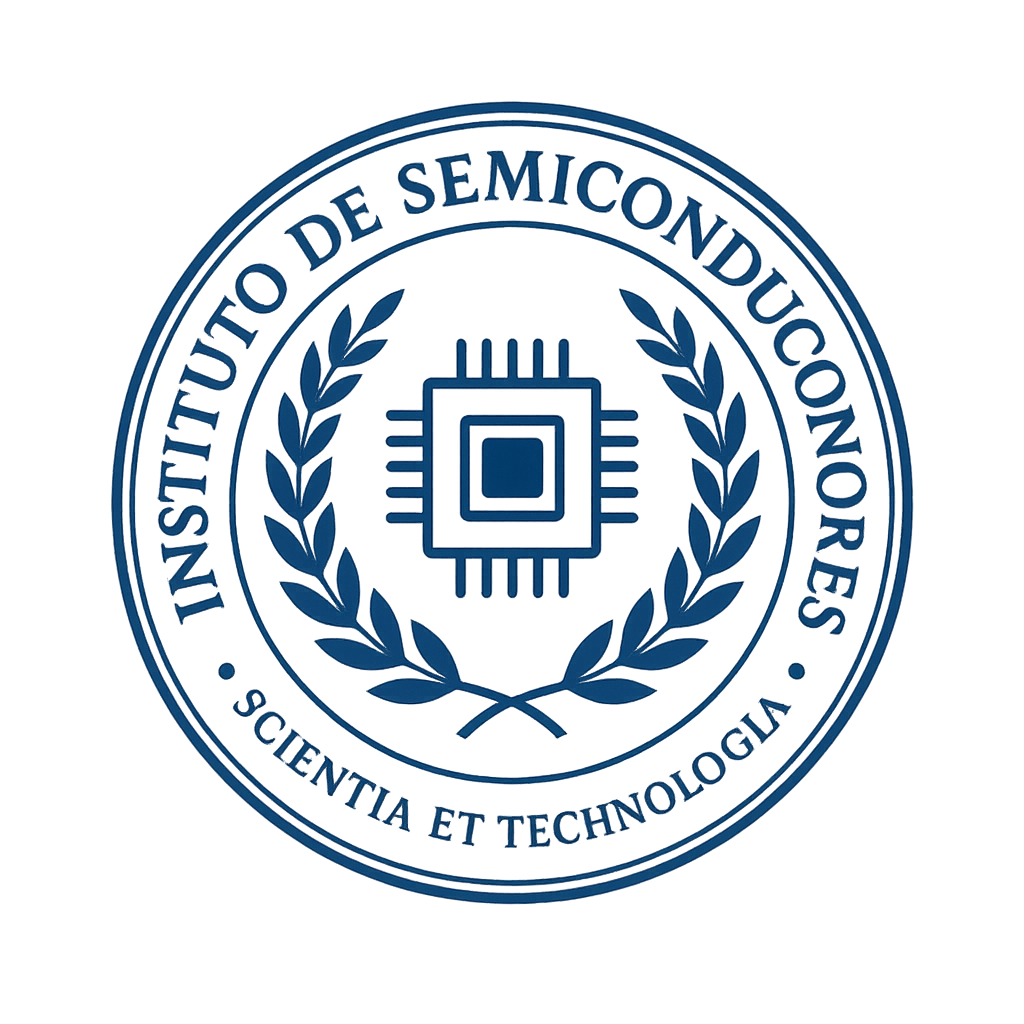 Logo of the Instituto de Semiconductores, featuring a circular emblem with a microchip icon and laurel branches, representing science and technology.